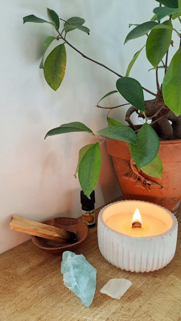 bougie artisanale thérapeutique aux huiles essentielles bio de citron et eucalyptus dédiée à la purification, en béton naturel et français blanc, coulé et travaillé à la main